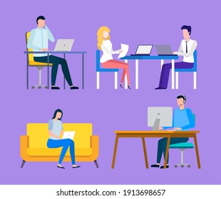 Workers sitting at desktop and working with laptop, manager communication with computer, portrait view of employee set, work in office, colleagues vector
