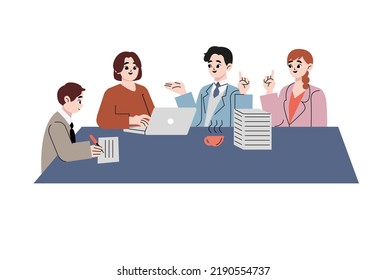 Workers are sitting at the negotiating table, collective thinking and brainstorming, company information analytics. Vector style design illustration isolated on white background