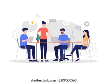 Los trabajadores están sentados en la mesa de negociación, el pensamiento colectivo y la lluvia de ideas, el análisis de la información de las empresas. Ilustración plana vectorial moderna.