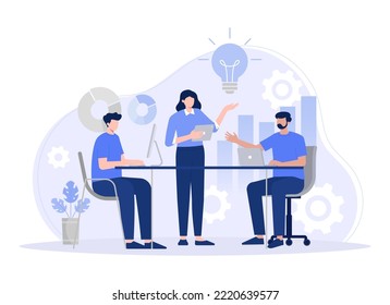 Workers are sitting at the negotiating table, collective thinking and brainstorming, company information analytics. Modern vector flat illustration