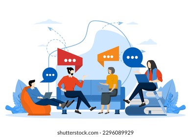 workers sitting at negotiating table, vector collective thinking and brainstorming, company information analytics, Flat vector illustration on a white background.