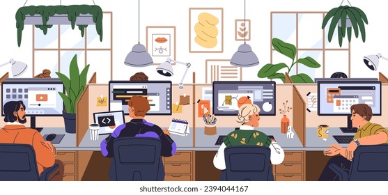 Trabajadores sentados en el escritorio en el despacho. Los empleados trabajan en espacios de trabajo abiertos, cómodos coworking. Espacio empresarial con interiores creativos, equipamientos modernos y ordenadores. Ilustración vectorial plana