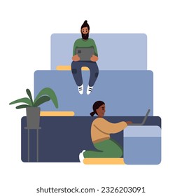 Arbeiter auf einem modernen Sofa sitzen und auf dem Laptop arbeiten. Gruppe von Freiberuflern, die ihre Arbeit verrichten. Gemeinsame Arbeitsumgebung. Moderner Arbeitsraum. Vektorflache Illustration in blauen Farben