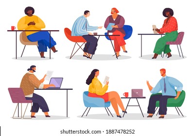 Workers Sitting At Table, Collection Of Office People, Hr Manager Taking Interview In Candidate At Work, Black Woman With Digital Tablet, Man Working With Laptop, Business Meeting, Conference