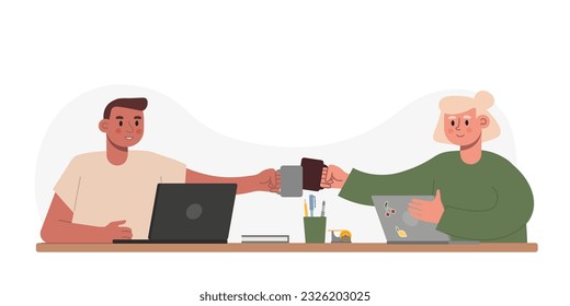 Workers sitting at table, holding cups of tea and working on gadgets. Coworking open space area. Teamwork communication and digital technologies. Colorful vector flat illustration