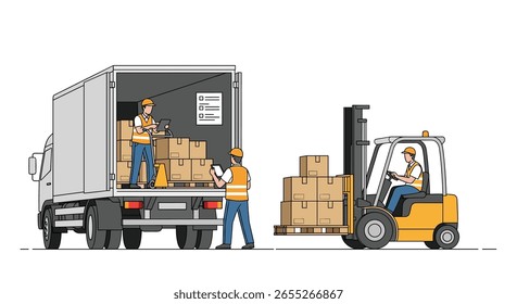 Workers skillfully load and unload cargo boxes using a forklift truck from a delivery vehicle
