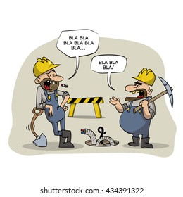 Workers standing around, talking, wasting time