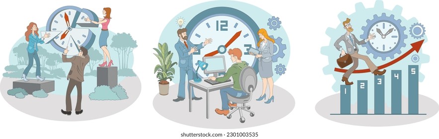 Workers standing near clock and divide it. Director share his idea with employees. Time management illustration with cartoon character achieves success in work, rising up. Flat vector illustration