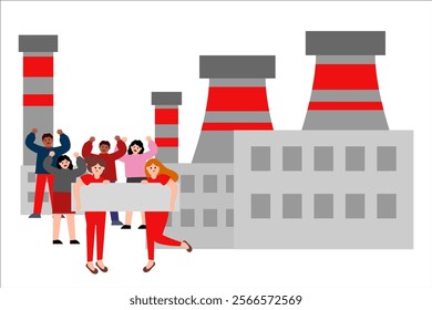 Workers strike at a factory. Vector simple color flat illustration.