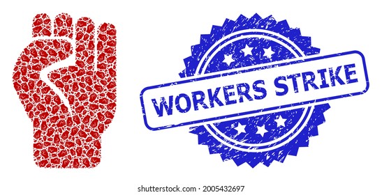 Workers Strike rubber stamp seal and vector recursive collage clenched fist. Blue stamp seal contains Workers Strike text inside rosette.