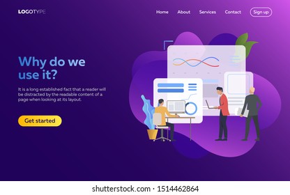 Workers studying infographics. Laptop, screen, diagrams. Efficiency concept. Vector illustration can be used for topics like business, work, time management