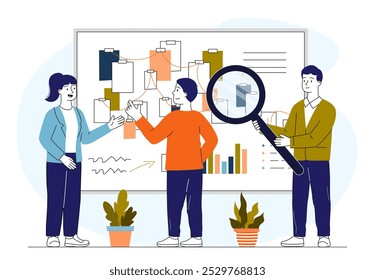 Trabalhadores que estudam infográficos. Mulher e homens com lupa avaliam gráficos e diagramas. Visualização de dados e estatísticas. Ilustração de vetor linear isolada no plano de fundo branco