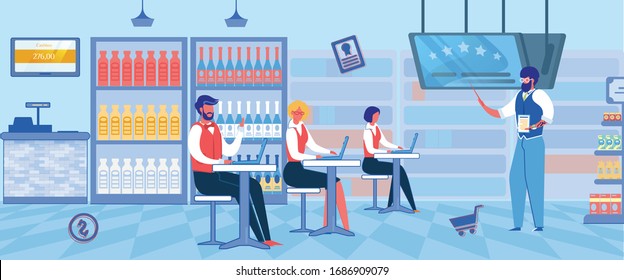 Workers for Supermarket or Food Shop Preparing for Job Flat Cartoon Vector Illustration. Teacher with Pointer Telling Store Principles and Politics, Franchising Concept. Selling Products.