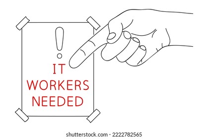IT Workers or Support Needed. Message of Hiring Computer Scientists on paper. Editable hand drawn contour. Sketch in minimalist style. Vector