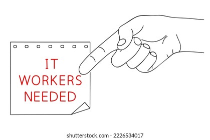 IT Workers or Support Needed. Message of Hiring Computer Scientists on paper. Editable hand drawn contour. Sketch in minimalist style. Vector