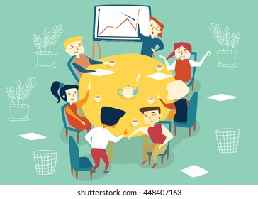 Workers talking in the office meeting room. Office dialog at a round table. Daily work process in a big company.