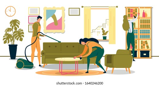 Workers Team Cleaning Living Room Furniture Flat Cartoon Vector Illustration. Boy Vacuuming Sofa or Coach, Girl Wiping Dust on Table, Woman Washing Shelves with Books and Vases with Rag and Spray.