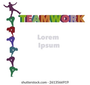 Workers team up to get their man to the top in a vector illustration about teamwork in business. The design forms a partial frame for headlines or other text or art for a layout.
