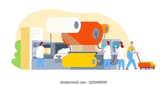 Workers textile manufacturing. Industrial fabrics manufacturer, big factory machine fabric production industry garment fabrication weave cotton thread, vector illustration of textile factory worker