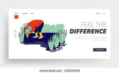 Workers in Thai or China Working on Field in Rainy Season Landing Page Template. Chinese or Thailand Farmer Characters Soaked with Water Grow and Collecting Rice for Sell. Linear Vector Illustration