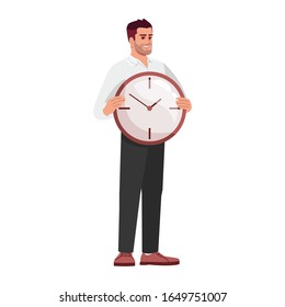 Workers time management skills semi flat RGB color vector illustration. Employee holding clock isolated cartoon character on white background. Meeting deadlines, self efficacy concept