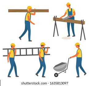 Workers with tool or materials, construction works vector. Wood logs and ladder, coal in cart and handsaw, isolated characters in overalls and hardhat