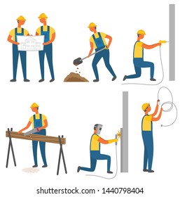 Workers and tools, building or construction works vector. House draft or scheme, digging soil and drilling wall, saw and log, folding measure tape