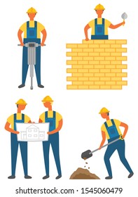 Workers and tools, building or construction works vector. Drilling ground and brick wall, house draft or scheme, digging soil, isolated characters