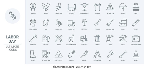 Workers tools in industry thin black line icons set vector illustration. Outline paint brush and wrench, saw and shovel from mechanical repair toolbox, construction crane and drill, road barrier