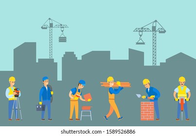 Workers with tools and instruments vector, cityscape silhouette with cranes and unbuilt constructions, male with drill, wall and wooden block item