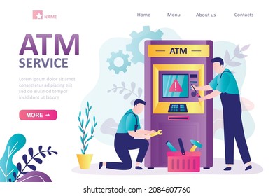 Workers with tools repairing faulty bankomat. Repairmen servicing broken terminal. Atm service, financial transactions. Cash machine showing warning sign. Landing page template. Vector illustration