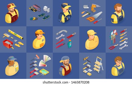 Workers and tools symbols isolated on blue. Flat 3d isometric projection. Repair service worker icon set.  Creative people collection.