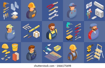 Workers and tools symbols isolated on blue. Flat 3d isometric projection. Repair service worker icon set.  Creative people collection.