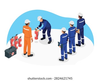 Workers training with fire extinguishers at safety session Vector, illustration