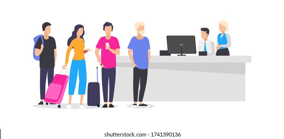 Workers and travelling people at airport illustration. Cartoon men and women standing in queue to check-in desk to register for flight flat style design. Vacation and departure concept