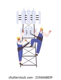 Workers In Uniform Climbing 5D Cell Tower, Flat Vector Illustration Isolated On White Background. Fifth-generation High Speed Mobile Internet Telecommunication Tower.