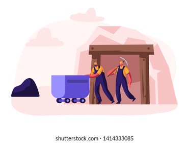 Workers in Uniform and Helmets Exit Coal Mine Pushing Trolley and with Pickaxe in Hands. Miners Characters at Work. Extraction Industry Profession, Working Occupation. Cartoon Flat Vector Illustration