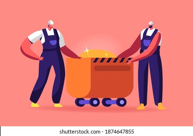 Trabajadores en uniforme y cascos con oro en cantera se paran en trolebús con arena dorada. Personajes mineros en el trabajo, profesión de la industria de la extracción, ocupación laboral. Ilustración de vectores de personas de caricatura