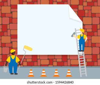 Workers in uniform mount a billboard. Vector mock up.