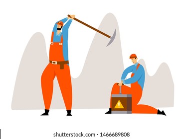 Workers in Uniform Overalls and Helmets with Pickaxe and Dynamite Mining Coal or Minerals, Miners Characters at Work. Extraction Industry Profession Working Occupation Cartoon Flat Vector Illustration