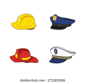 uniforme de los trabajadores. Policía, bombero, capitán, constructor de sombreros. Chimenea roja y casco amarillo de construcción. Equipo de seguridad. Colección de tapón y casco. Ilustración gráfica vectorial.