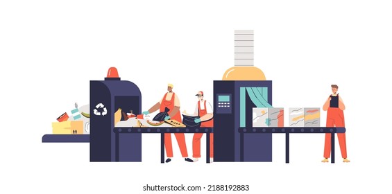 Workers in uniform sort litter working at garbage recycling conveyor. Waste sorting and separating plant process. Janitors reuse trash concept. Cartoon flat vector illustration