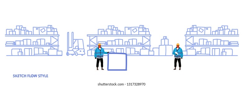 workers in uniform storage logistic delivery service concept shelves with cardboard boxes warehouse interior sketch flow style horizontal banner