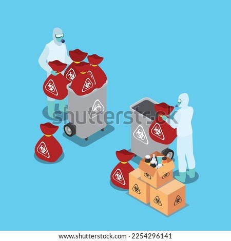 Workers in uniform throwing away biohazard garbage bags 3d isometric vector illustration concept for banner, website, landing page, ads, flyer template
