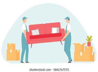 Trabajadores con uniforme llevan el sofá. Renovación interior de casa o casa de un hombre. Caricatura de un hombre plano. Ilustración del vector