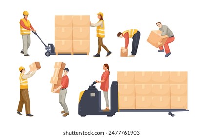 Workers in uniforms handling packages using various methods on a white background. Concept of logistics and warehouse operations. Vector illustration