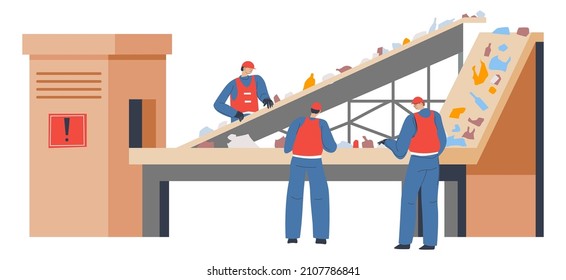 Trabajadores en uniformes que clasifican basura y basura, separación y reciclado en instalaciones de planta o fábrica. Artículos en correa transportadora, ecología y limpieza. Proceso de reducción de basura. Vector en plano