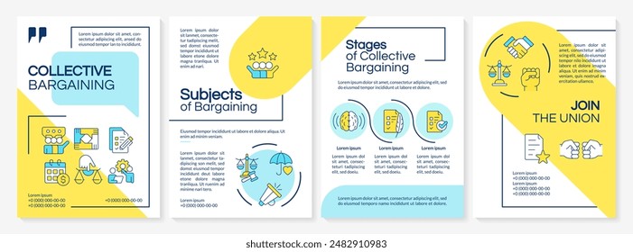 Sindicato de trabajadores negociando Plantilla de folletos azul y amarillo. Diseño de folleto con iconos lineales. Editable 4 diseños de Vector para presentación, informes anuales