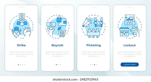 Workers union strike tactics blue onboarding mobile app screen. Walkthrough 4 steps editable graphic instructions with linear concepts. UI, UX, GUI template