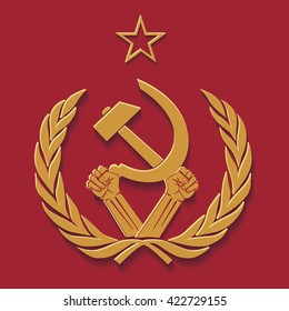 Workers unite hands,hammer and sickle in laurel wreath.Vector illustration.